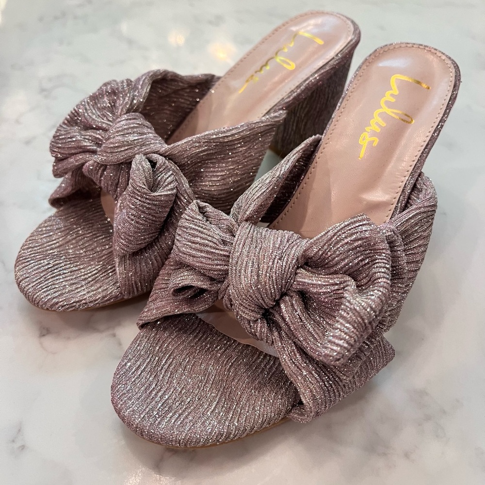 Metallic Silver Rose Gold Bow Heel Sandals